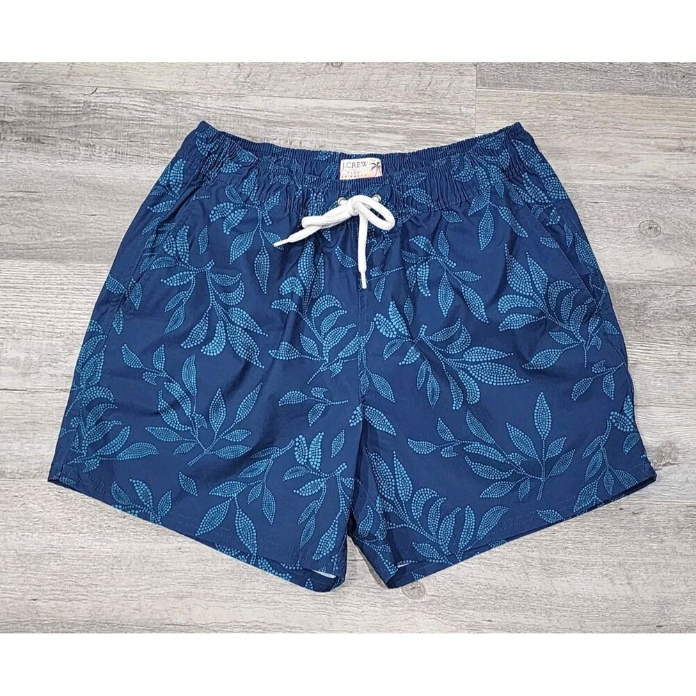 J. Crew Men's Flex Swimwear Navy Leaf Pattern Swim Trunks Sizes Medium